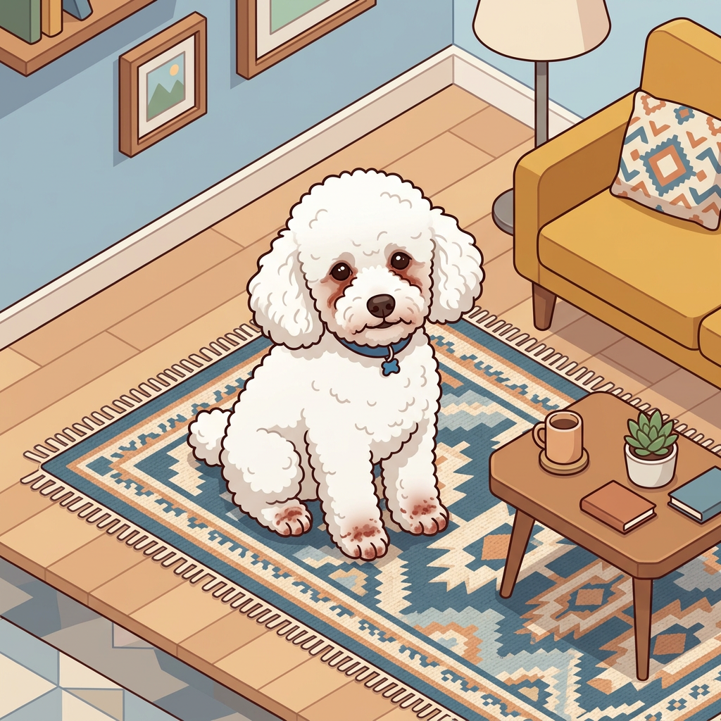 White fluffy dog sitting on blue and beige patterned rug in a cozy living room